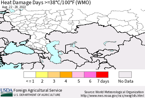 Russian Federation Heat Damage Days >=38°C/100°F (WMO) Thematic Map For 8/22/2022 - 8/28/2022