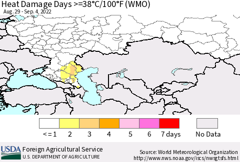 Russian Federation Heat Damage Days >=38°C/100°F (WMO) Thematic Map For 8/29/2022 - 9/4/2022