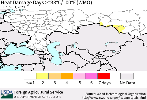 Russian Federation Heat Damage Days >=38°C/100°F (WMO) Thematic Map For 6/5/2023 - 6/11/2023