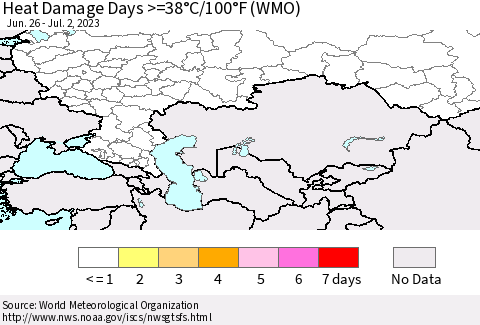 Russian Federation Heat Damage Days >=38°C/100°F (WMO) Thematic Map For 6/26/2023 - 7/2/2023