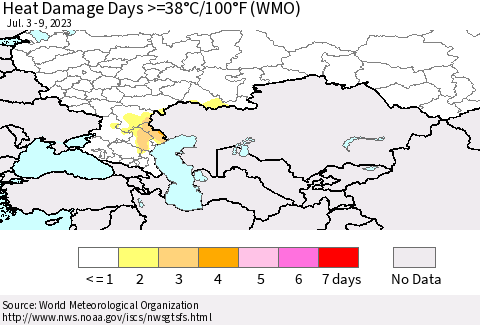 Russian Federation Heat Damage Days >=38°C/100°F (WMO) Thematic Map For 7/3/2023 - 7/9/2023