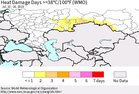Russian Federation Heat Damage Days >=38°C/100°F (WMO) Thematic Map For 7/10/2023 - 7/16/2023