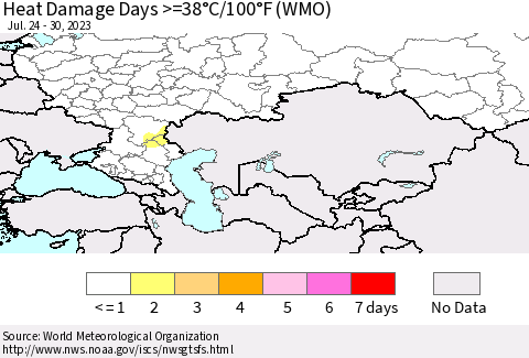 Russian Federation Heat Damage Days >=38°C/100°F (WMO) Thematic Map For 7/24/2023 - 7/30/2023