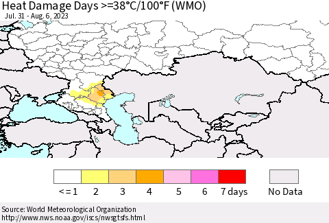 Russian Federation Heat Damage Days >=38°C/100°F (WMO) Thematic Map For 7/31/2023 - 8/6/2023