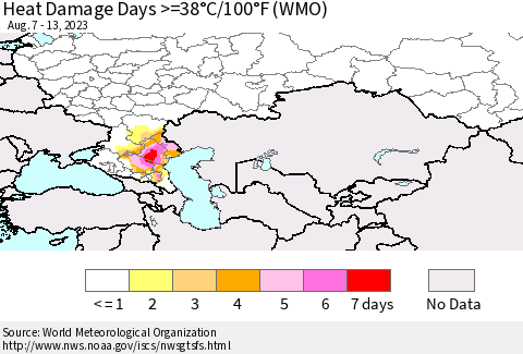 Russian Federation Heat Damage Days >=38°C/100°F (WMO) Thematic Map For 8/7/2023 - 8/13/2023