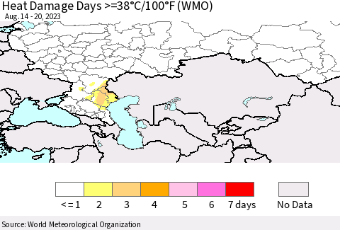 Russian Federation Heat Damage Days >=38°C/100°F (WMO) Thematic Map For 8/14/2023 - 8/20/2023