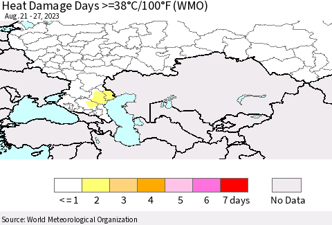 Russian Federation Heat Damage Days >=38°C/100°F (WMO) Thematic Map For 8/21/2023 - 8/27/2023