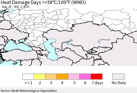 Russian Federation Heat Damage Days >=38°C/100°F (WMO) Thematic Map For 8/28/2023 - 9/3/2023