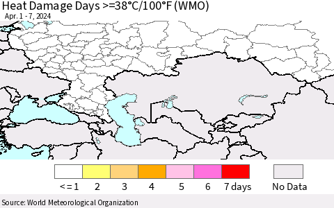 Russian Federation Heat Damage Days >=38°C/100°F (WMO) Thematic Map For 4/1/2024 - 4/7/2024