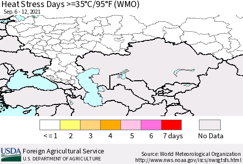 Russian Federation Heat Stress Days >=35°C/95°F (WMO) Thematic Map For 9/6/2021 - 9/12/2021
