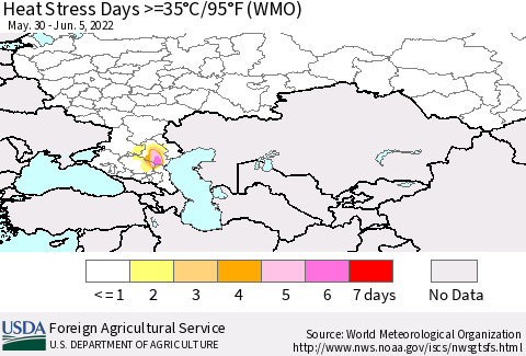 Russian Federation Heat Stress Days >=35°C/95°F (WMO) Thematic Map For 5/30/2022 - 6/5/2022