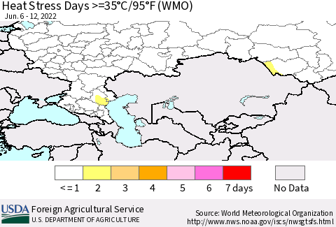 Russian Federation Heat Stress Days >=35°C/95°F (WMO) Thematic Map For 6/6/2022 - 6/12/2022