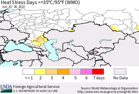 Russian Federation Heat Stress Days >=35°C/95°F (WMO) Thematic Map For 6/20/2022 - 6/26/2022