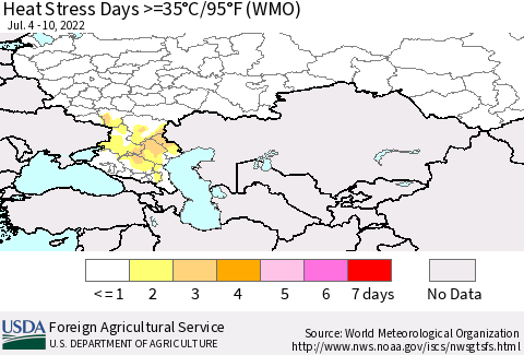 Russian Federation Heat Stress Days >=35°C/95°F (WMO) Thematic Map For 7/4/2022 - 7/10/2022