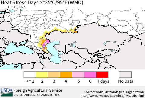 Russian Federation Heat Stress Days >=35°C/95°F (WMO) Thematic Map For 7/11/2022 - 7/17/2022