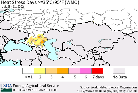 Russian Federation Heat Stress Days >=35°C/95°F (WMO) Thematic Map For 7/25/2022 - 7/31/2022