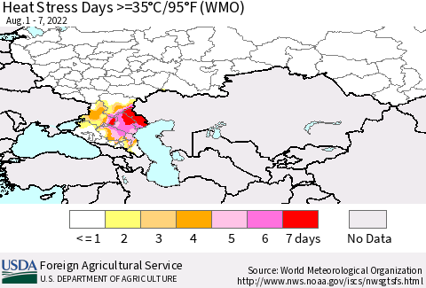 Russian Federation Heat Stress Days >=35°C/95°F (WMO) Thematic Map For 8/1/2022 - 8/7/2022