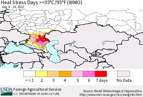 Russian Federation Heat Stress Days >=35°C/95°F (WMO) Thematic Map For 8/8/2022 - 8/14/2022