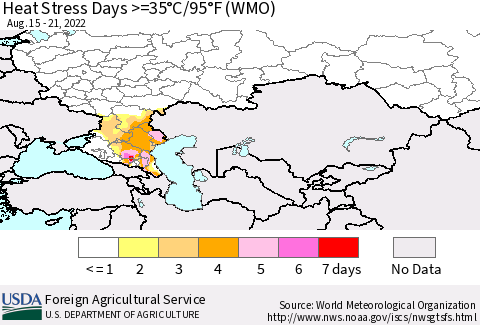 Russian Federation Heat Stress Days >=35°C/95°F (WMO) Thematic Map For 8/15/2022 - 8/21/2022