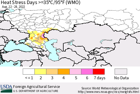 Russian Federation Heat Stress Days >=35°C/95°F (WMO) Thematic Map For 8/22/2022 - 8/28/2022