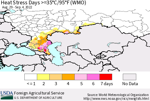 Russian Federation Heat Stress Days >=35°C/95°F (WMO) Thematic Map For 8/29/2022 - 9/4/2022