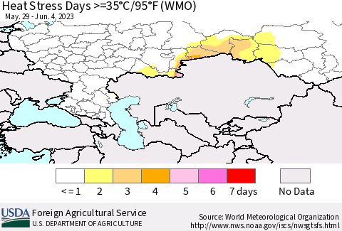 Russian Federation Heat Stress Days >=35°C/95°F (WMO) Thematic Map For 5/29/2023 - 6/4/2023