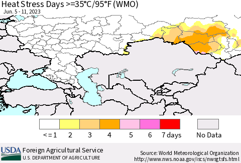 Russian Federation Heat Stress Days >=35°C/95°F (WMO) Thematic Map For 6/5/2023 - 6/11/2023