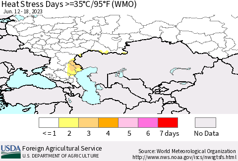 Russian Federation Heat Stress Days >=35°C/95°F (WMO) Thematic Map For 6/12/2023 - 6/18/2023