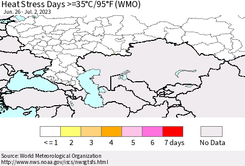 Russian Federation Heat Stress Days >=35°C/95°F (WMO) Thematic Map For 6/26/2023 - 7/2/2023