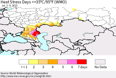 Russian Federation Heat Stress Days >=35°C/95°F (WMO) Thematic Map For 7/3/2023 - 7/9/2023