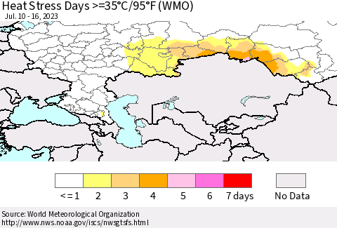 Russian Federation Heat Stress Days >=35°C/95°F (WMO) Thematic Map For 7/10/2023 - 7/16/2023