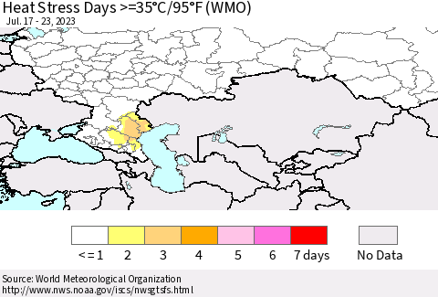 Russian Federation Heat Stress Days >=35°C/95°F (WMO) Thematic Map For 7/17/2023 - 7/23/2023