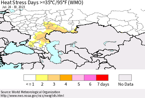 Russian Federation Heat Stress Days >=35°C/95°F (WMO) Thematic Map For 7/24/2023 - 7/30/2023