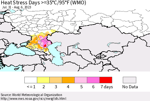 Russian Federation Heat Stress Days >=35°C/95°F (WMO) Thematic Map For 7/31/2023 - 8/6/2023