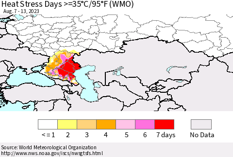 Russian Federation Heat Stress Days >=35°C/95°F (WMO) Thematic Map For 8/7/2023 - 8/13/2023