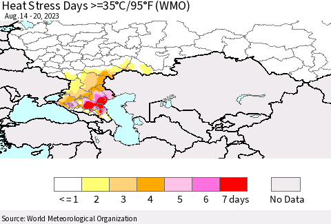 Russian Federation Heat Stress Days >=35°C/95°F (WMO) Thematic Map For 8/14/2023 - 8/20/2023