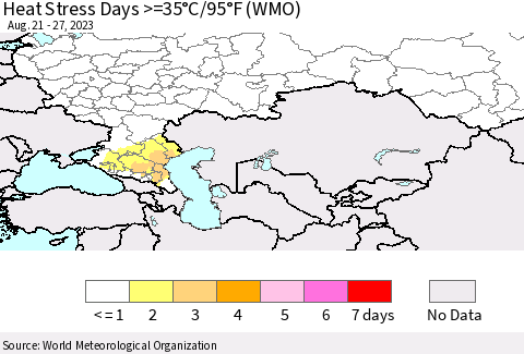 Russian Federation Heat Stress Days >=35°C/95°F (WMO) Thematic Map For 8/21/2023 - 8/27/2023