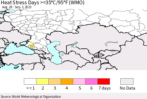 Russian Federation Heat Stress Days >=35°C/95°F (WMO) Thematic Map For 8/28/2023 - 9/3/2023