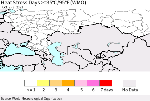 Russian Federation Heat Stress Days >=35°C/95°F (WMO) Thematic Map For 10/2/2023 - 10/8/2023