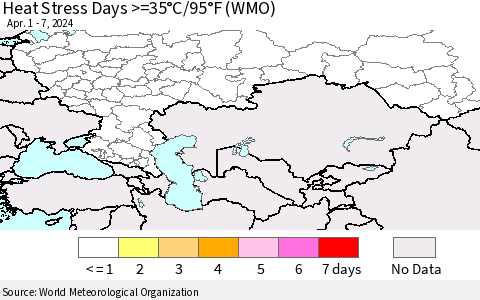 Russian Federation Heat Stress Days >=35°C/95°F (WMO) Thematic Map For 4/1/2024 - 4/7/2024