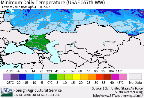 Russian Federation Minimum Daily Temperature (USAF 557th WW) Thematic Map For 4/4/2022 - 4/10/2022