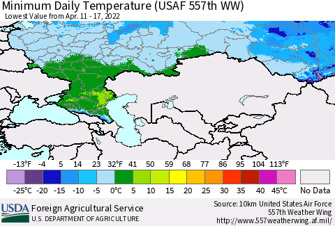 Russian Federation Minimum Daily Temperature (USAF 557th WW) Thematic Map For 4/11/2022 - 4/17/2022