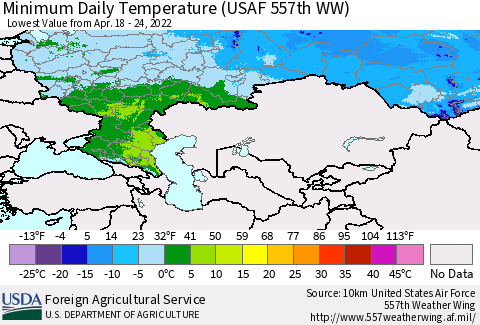 Russian Federation Minimum Daily Temperature (USAF 557th WW) Thematic Map For 4/18/2022 - 4/24/2022