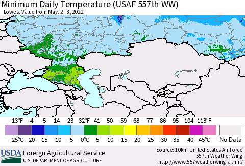 Russian Federation Minimum Daily Temperature (USAF 557th WW) Thematic Map For 5/2/2022 - 5/8/2022
