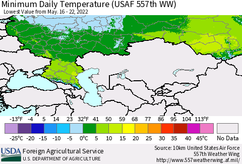 Russian Federation Minimum Daily Temperature (USAF 557th WW) Thematic Map For 5/16/2022 - 5/22/2022