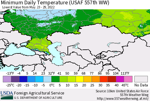 Russian Federation Minimum Daily Temperature (USAF 557th WW) Thematic Map For 5/23/2022 - 5/29/2022