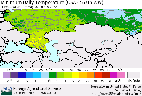 Russian Federation Minimum Daily Temperature (USAF 557th WW) Thematic Map For 5/30/2022 - 6/5/2022