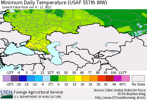 Russian Federation Minimum Daily Temperature (USAF 557th WW) Thematic Map For 6/6/2022 - 6/12/2022