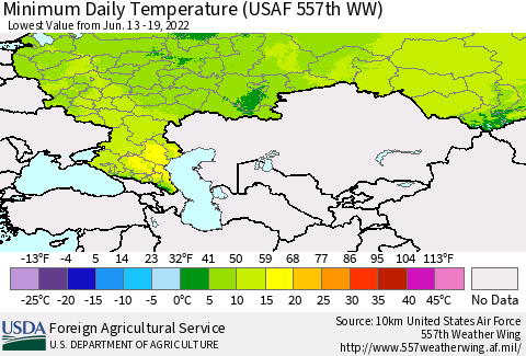 Russian Federation Minimum Daily Temperature (USAF 557th WW) Thematic Map For 6/13/2022 - 6/19/2022