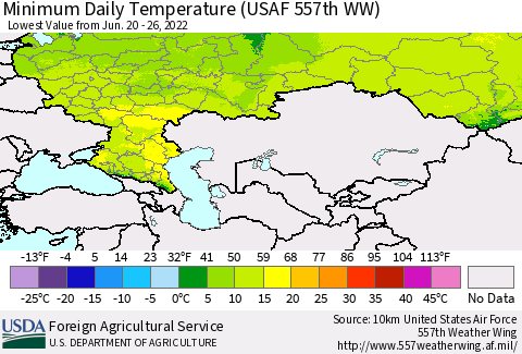 Russian Federation Minimum Daily Temperature (USAF 557th WW) Thematic Map For 6/20/2022 - 6/26/2022